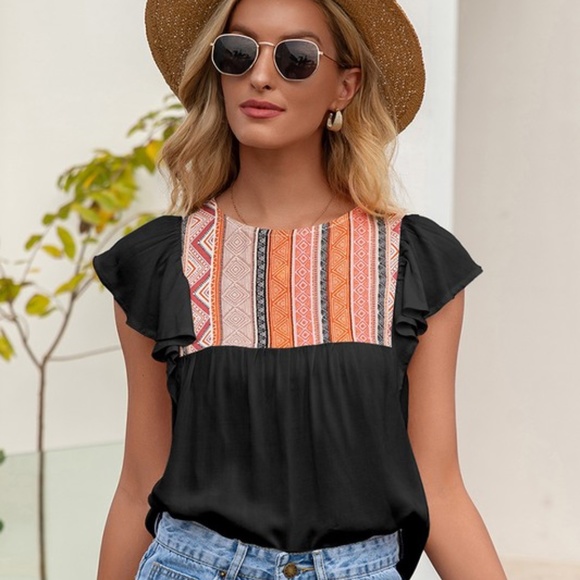 Black Fluttersleeve Top with Front Embroidered Panel